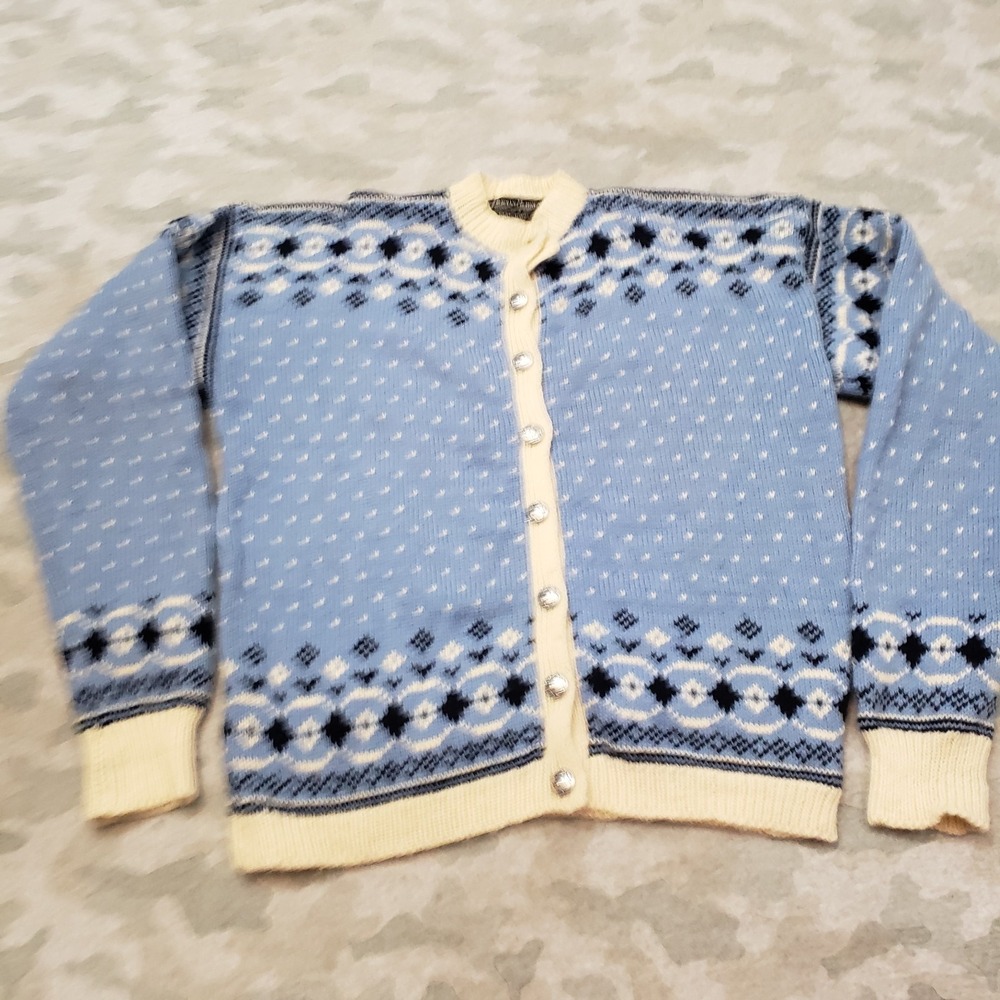 VTG‎ Herman Mehren Cardigan Womens Small Blue Birds Eye Wool Nordic